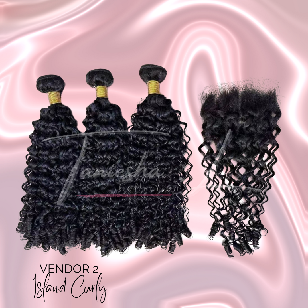 V2 - ISLAND CURLY - 3 BUNDLES & TRANSPARENT LACE CLOSURE - 14" TO 24"