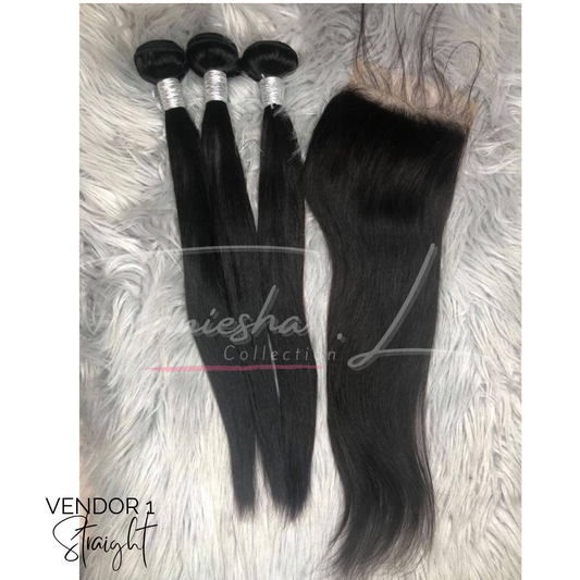 V1 - STRAIGHT - 3 BUNDLES & TRANSPARENT LACE CLOSURE - 14" TO 24"